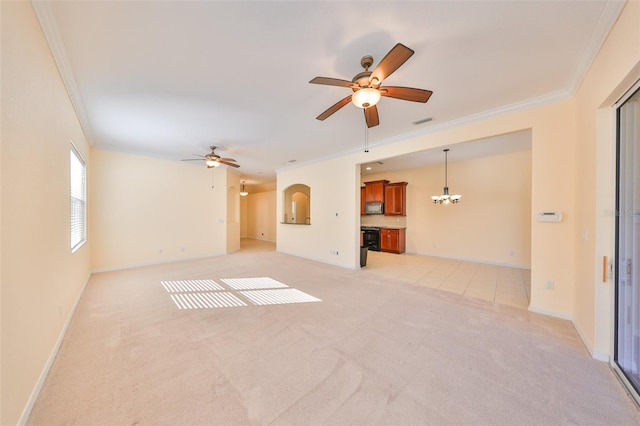 unfurnished living room featuring crown molding, ceiling fan, and light carpet