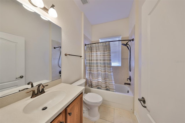 full bathroom with vanity, toilet, tile patterned flooring, and shower / bath combo with shower curtain