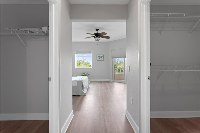 interior space with wood-type flooring and ceiling fan