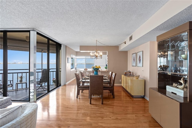 dining room with an inviting chandelier, light hardwood / wood-style floors, a textured ceiling, and a water view