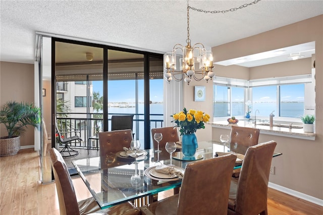 dining space featuring a textured ceiling, light hardwood / wood-style flooring, plenty of natural light, and a water view