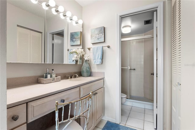 bathroom with tile patterned flooring, vanity, an enclosed shower, and toilet