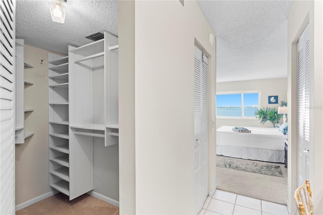 walk in closet featuring light carpet