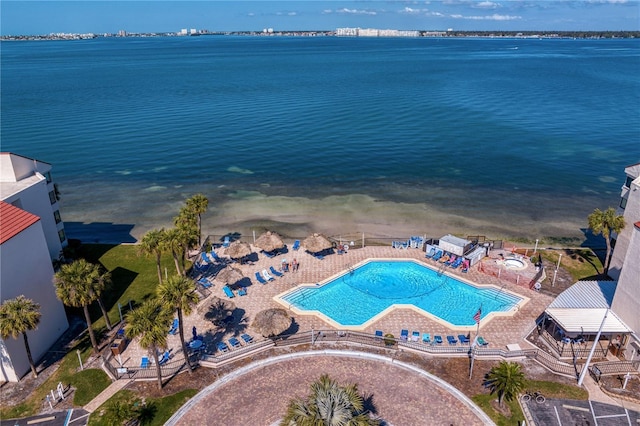 drone / aerial view featuring a water view