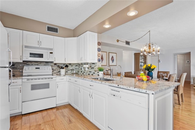 kitchen featuring sink, white cabinets, light stone counters, kitchen peninsula, and white appliances