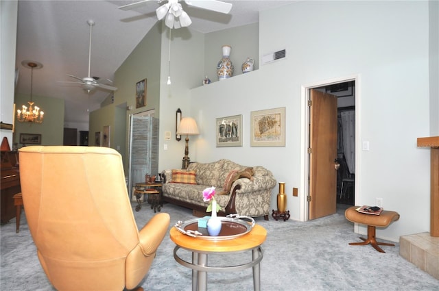 living room with carpet, high vaulted ceiling, and ceiling fan