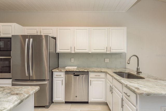 kitchen featuring backsplash, appliances with stainless steel finishes, sink, and white cabinets