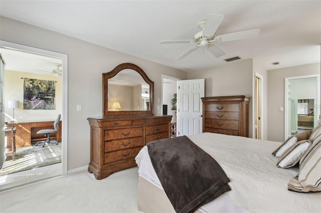 bedroom with light carpet, visible vents, baseboards, and ceiling fan