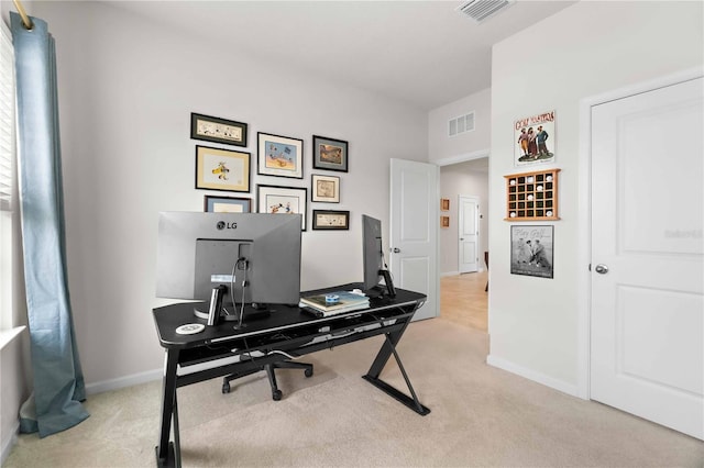 home office with light carpet