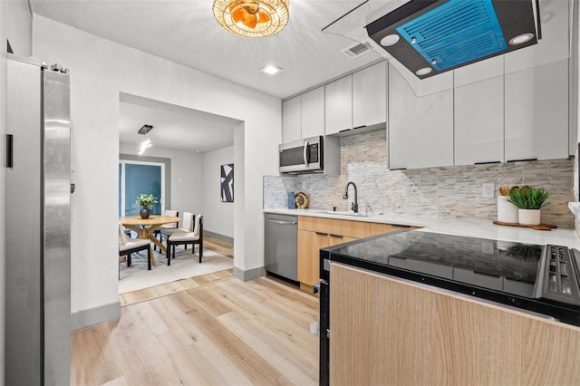 kitchen with sink, white cabinetry, tasteful backsplash, light hardwood / wood-style flooring, and stainless steel appliances