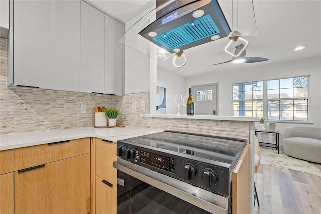 kitchen featuring white cabinetry, electric range, tasteful backsplash, ventilation hood, and light wood-type flooring