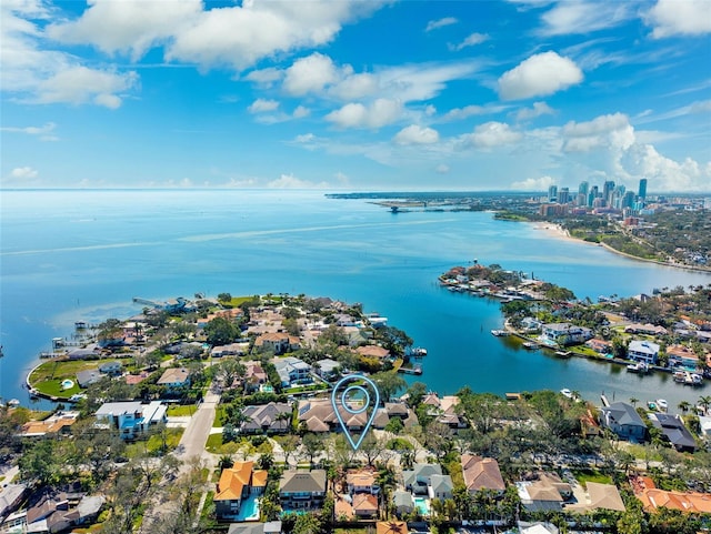 drone / aerial view featuring a water view