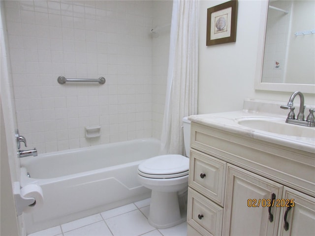 full bathroom featuring shower / bath combination with curtain, vanity, tile patterned floors, and toilet