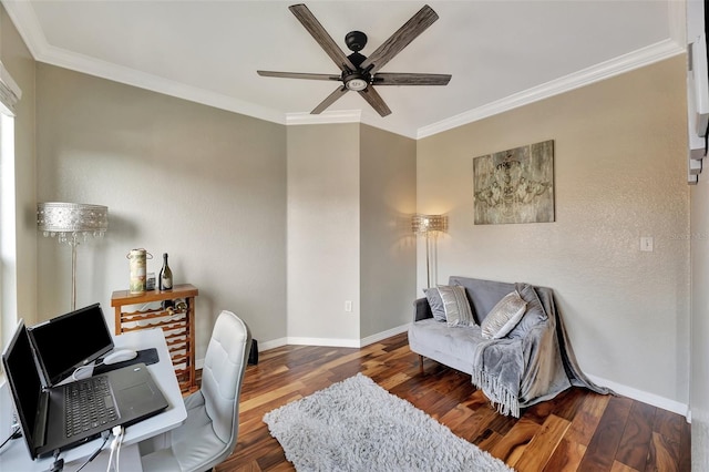 office space featuring crown molding, dark wood-type flooring, and ceiling fan