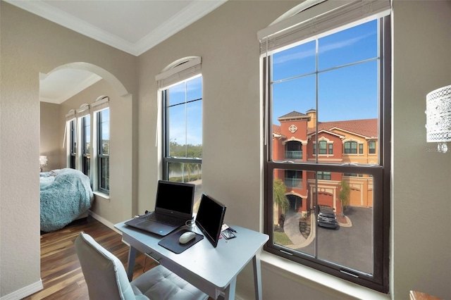 office space with crown molding and hardwood / wood-style flooring