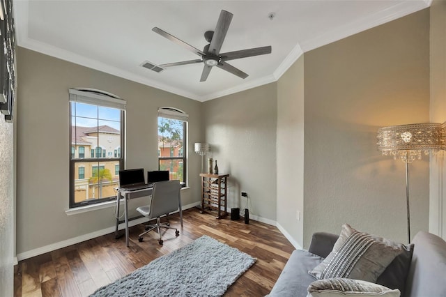 office space with ceiling fan, ornamental molding, and dark hardwood / wood-style floors