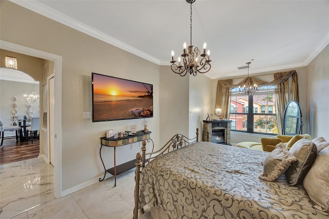 bedroom featuring an inviting chandelier and crown molding