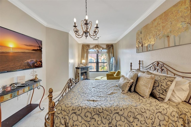 bedroom featuring an inviting chandelier and crown molding