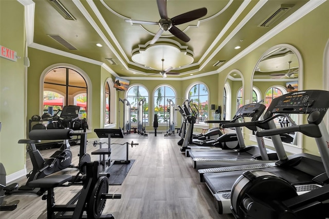 workout area with crown molding, ceiling fan, a tray ceiling, and light hardwood / wood-style floors