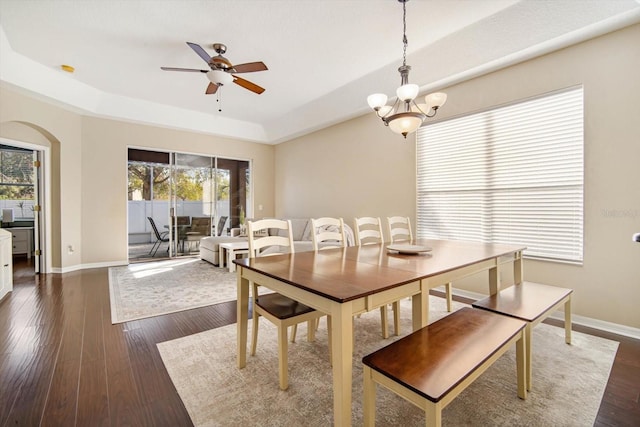 dining space featuring dark hardwood / wood-style floors, ceiling fan with notable chandelier, and a tray ceiling