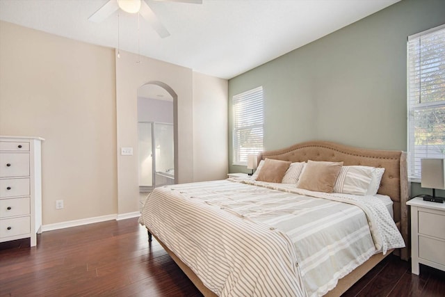 bedroom featuring dark hardwood / wood-style floors and ceiling fan