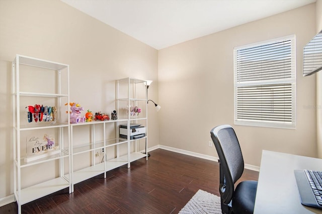 home office featuring dark wood-type flooring