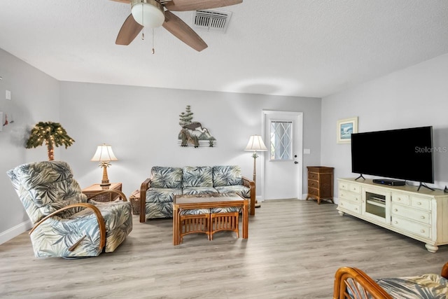 living room with ceiling fan, a textured ceiling, and light wood-type flooring