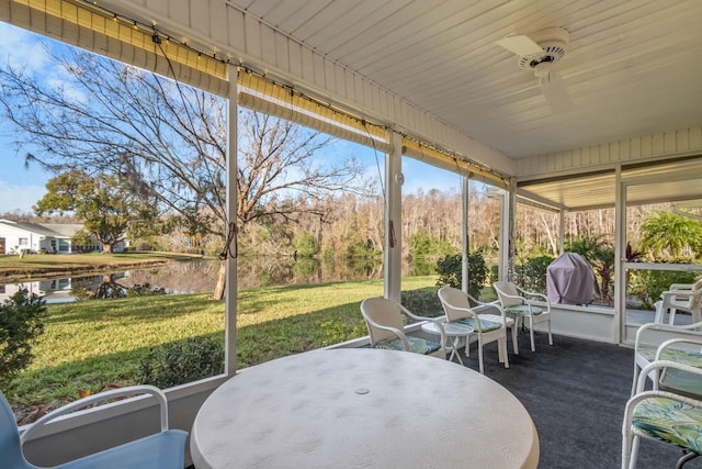 sunroom featuring ceiling fan and a water view