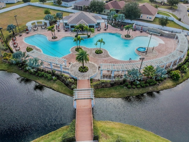 bird's eye view with a water view