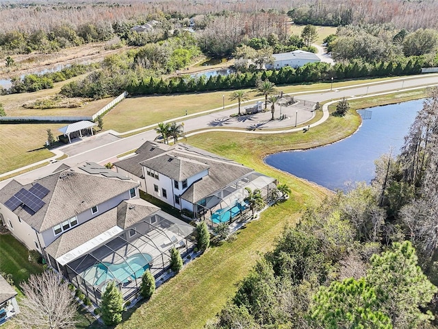 drone / aerial view featuring a water view