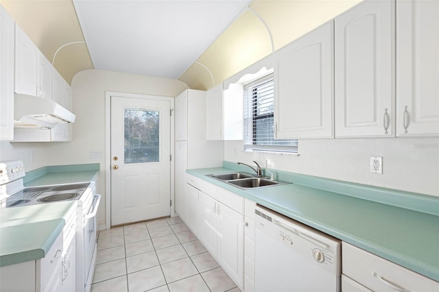 kitchen with extractor fan, sink, white cabinets, light tile patterned floors, and white appliances