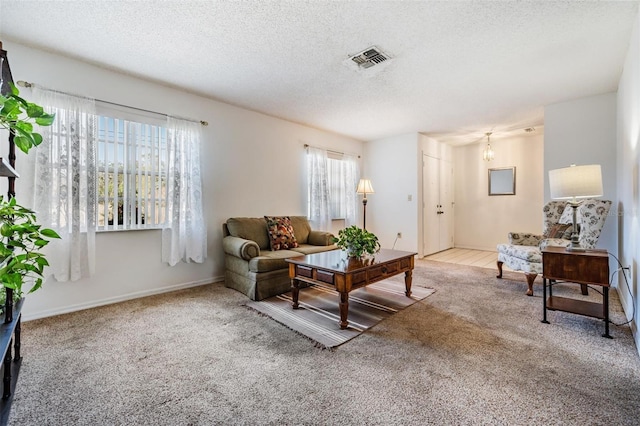 carpeted living room with a textured ceiling