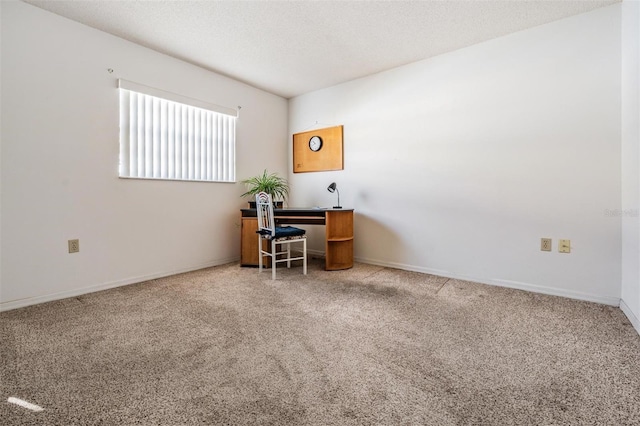 carpeted office space with a textured ceiling