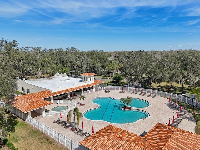 view of swimming pool with a hot tub and a patio