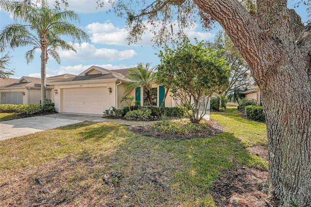 ranch-style home featuring a garage and a front lawn