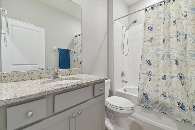 full bathroom featuring vanity, tile patterned floors, shower / bath combination with curtain, and toilet