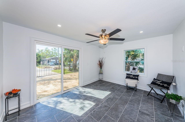 unfurnished room featuring ceiling fan, baseboards, and recessed lighting