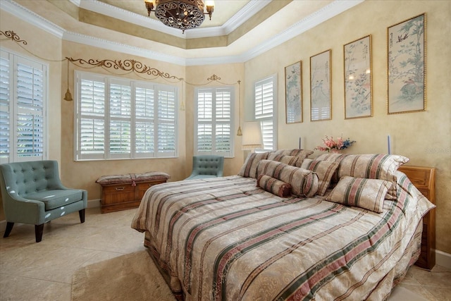 tiled bedroom featuring an inviting chandelier and ornamental molding