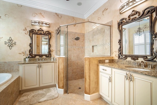 bathroom with vanity, tile patterned floors, ornamental molding, and independent shower and bath