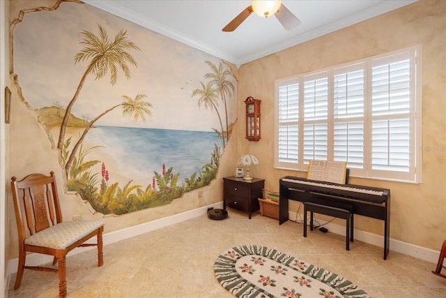 sitting room with ornamental molding and ceiling fan