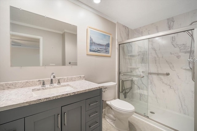 bathroom with crown molding, vanity, toilet, and walk in shower