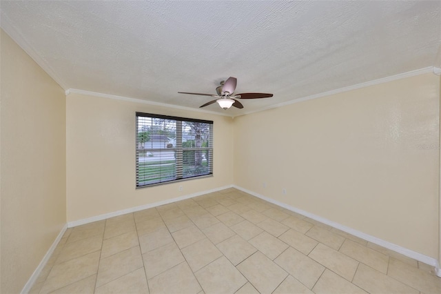 unfurnished room featuring ornamental molding, ceiling fan, and a textured ceiling