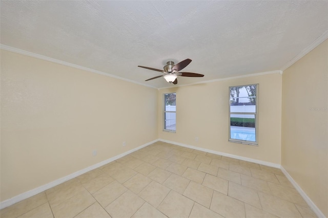 unfurnished room with ceiling fan, ornamental molding, and a textured ceiling