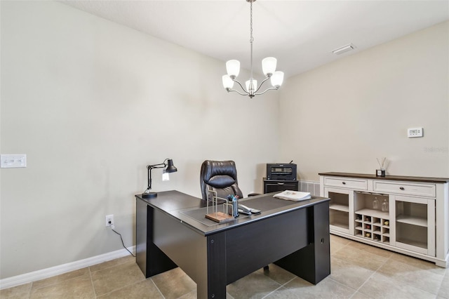 office area featuring light tile patterned floors, visible vents, baseboards, and a notable chandelier