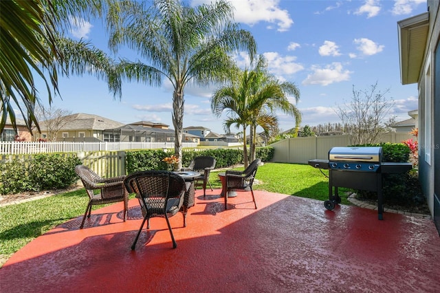 view of patio featuring a fenced backyard and a grill