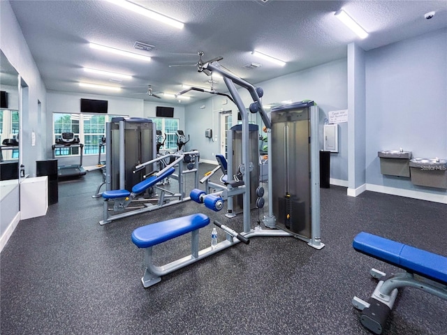 exercise room featuring a textured ceiling