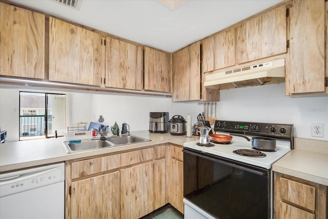 kitchen with light brown cabinetry, dishwasher, sink, and electric range