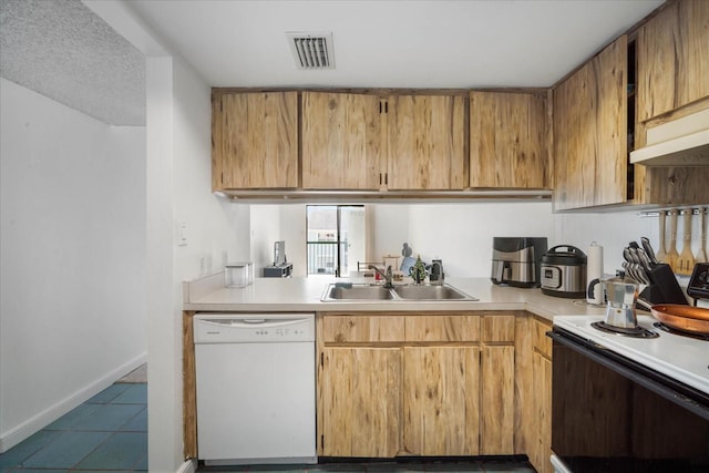 kitchen featuring sink, dishwasher, tile patterned flooring, electric range, and a textured ceiling