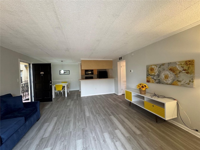 living room featuring wood-type flooring and a textured ceiling