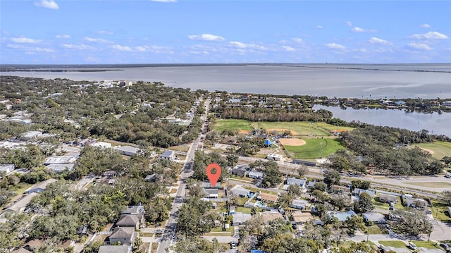 drone / aerial view with a water view